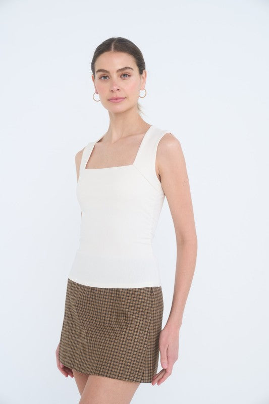 Cream Square Neck Ruched Tank