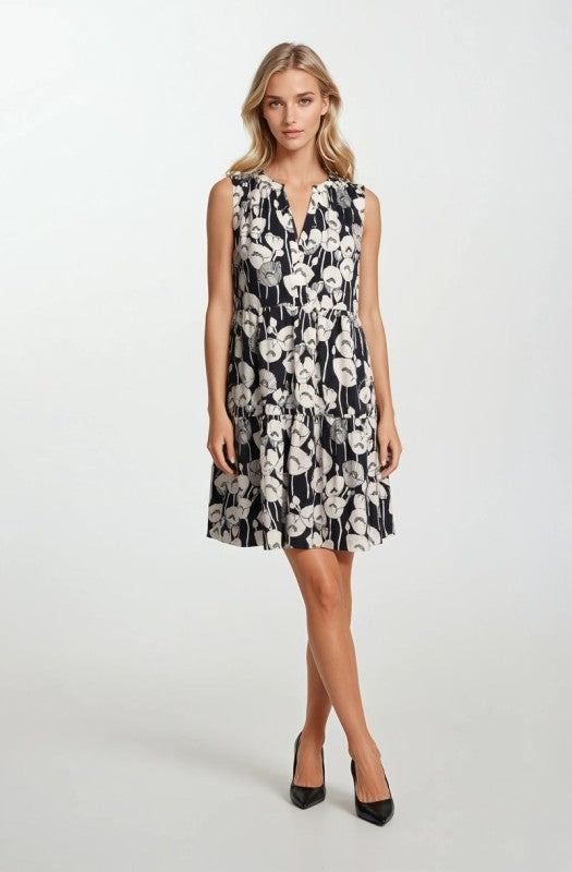 Black/Ivory Floral Surplice Dress