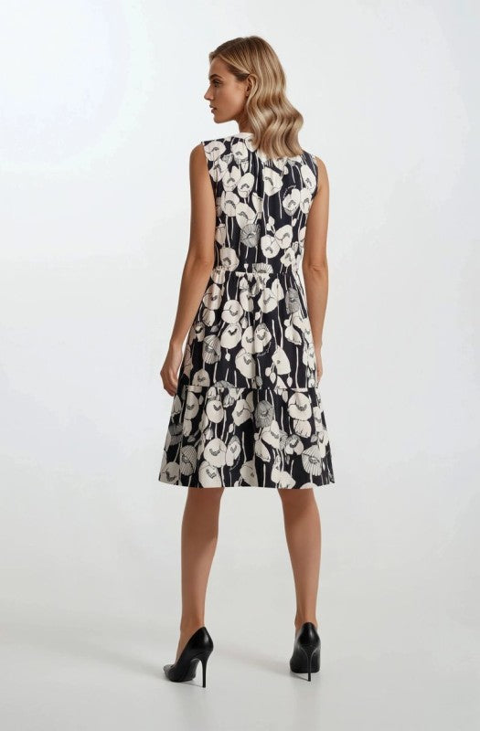 Black/Ivory Floral Surplice Dress