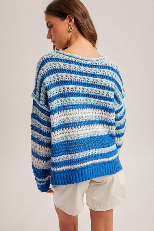 Boat Neck Blue Crochet Pullover