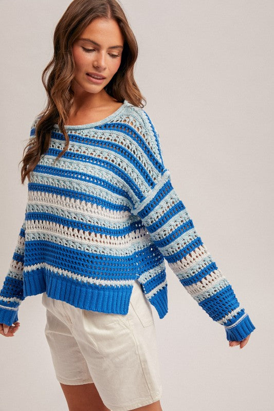 Boat Neck Blue Crochet Pullover