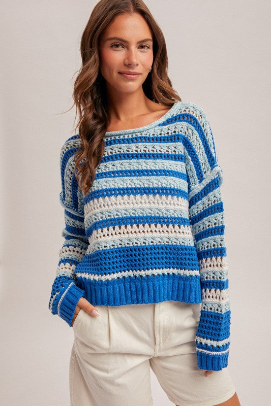 Boat Neck Blue Crochet Pullover