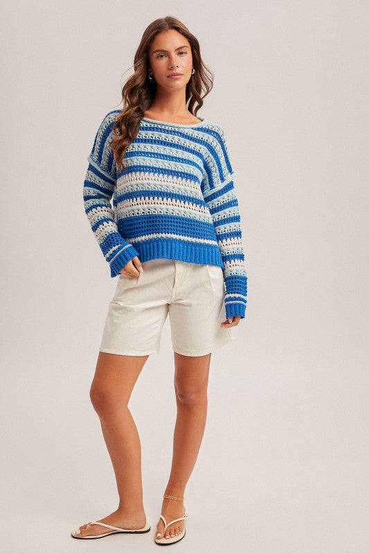 Boat Neck Blue Crochet Pullover