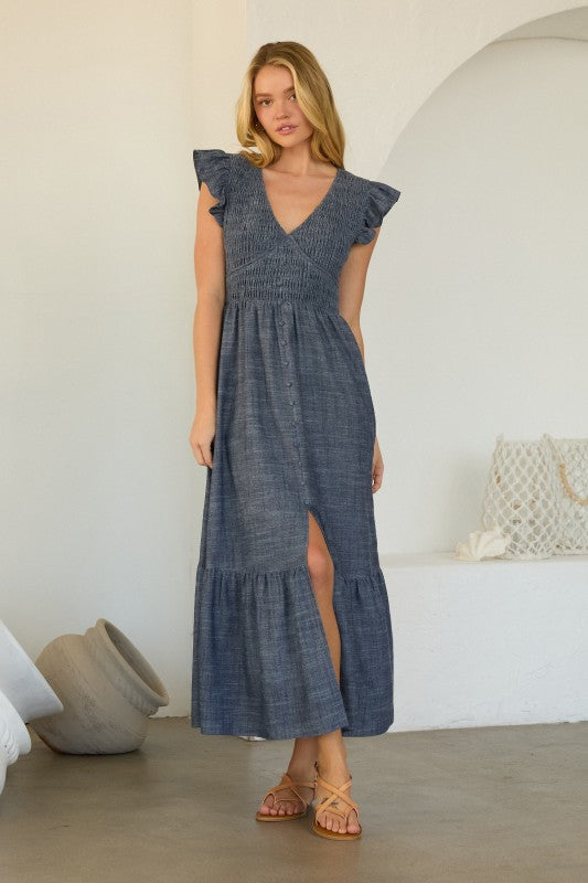 Flutter Sleeve Chambray Dress