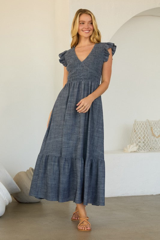 Flutter Sleeve Chambray Dress