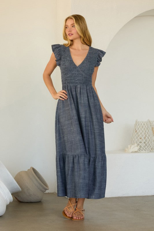 Flutter Sleeve Chambray Dress