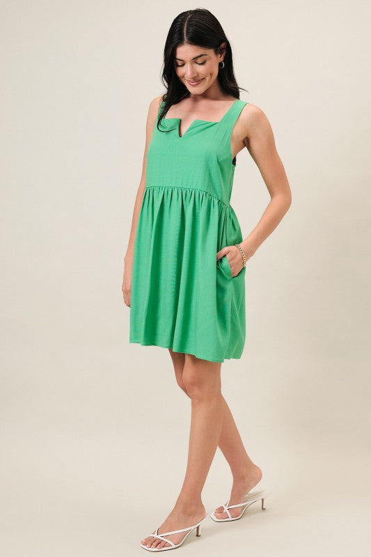 Green Babydoll Linen Dress