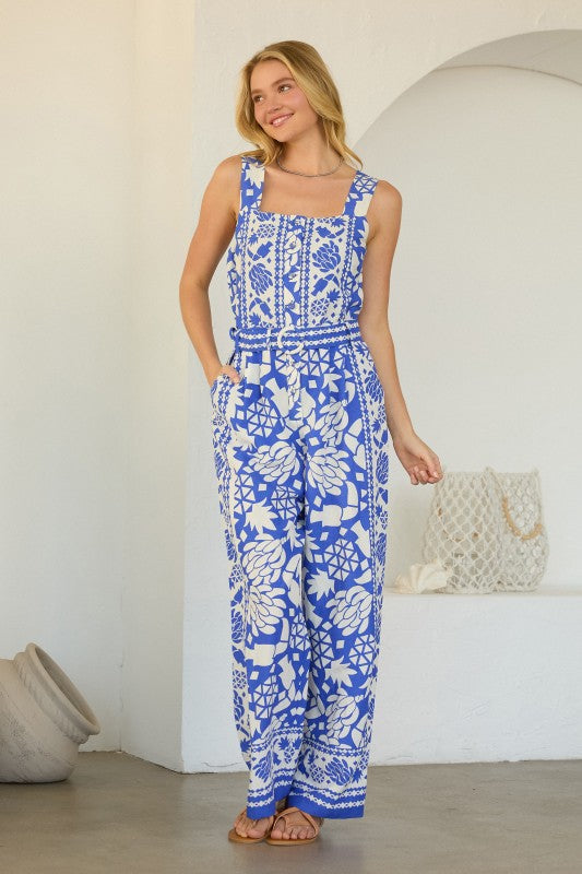 Cobalt-White Border Print Jumpsuit