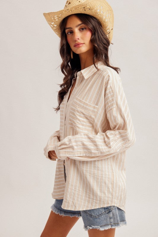 Taupe Mixed Striped Oversize Shirt