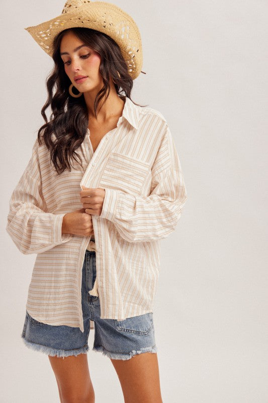 Taupe Mixed Striped Oversize Shirt