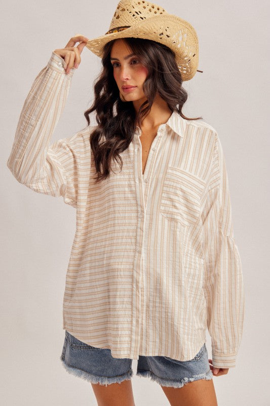 Taupe Mixed Striped Oversize Shirt