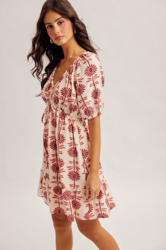 Floral V-Neck Puff Dress