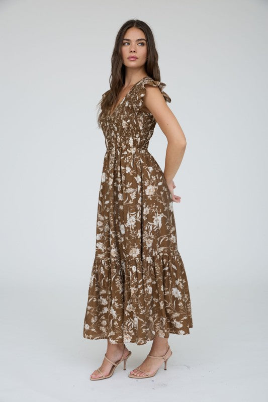 Brown Floral Tiered Dress