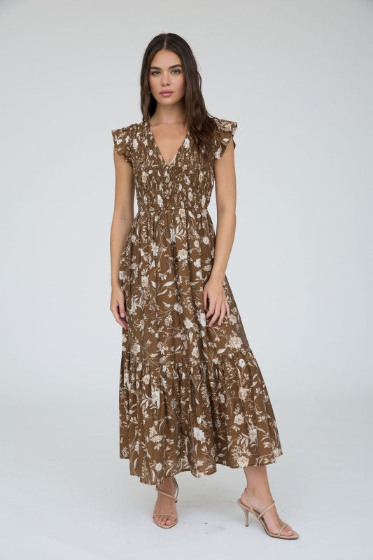 Brown Floral Tiered Dress