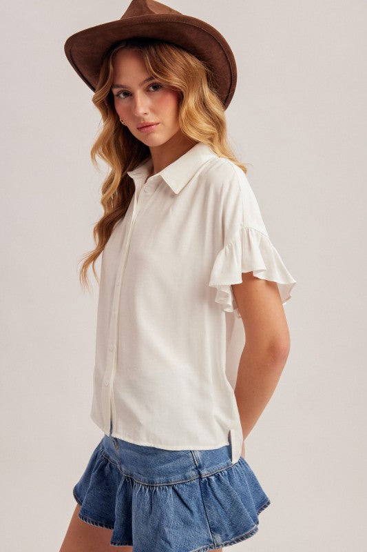 Ivory Ruffle Sleeve Button Down