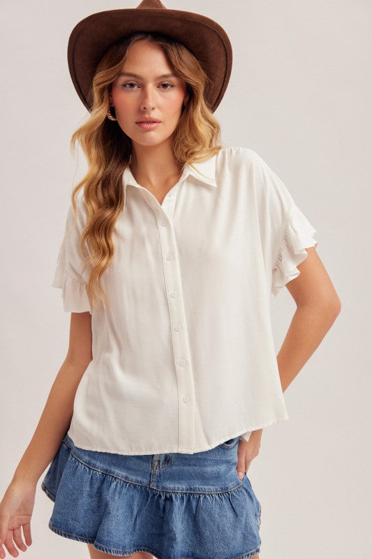 Ivory Ruffle Sleeve Button Down