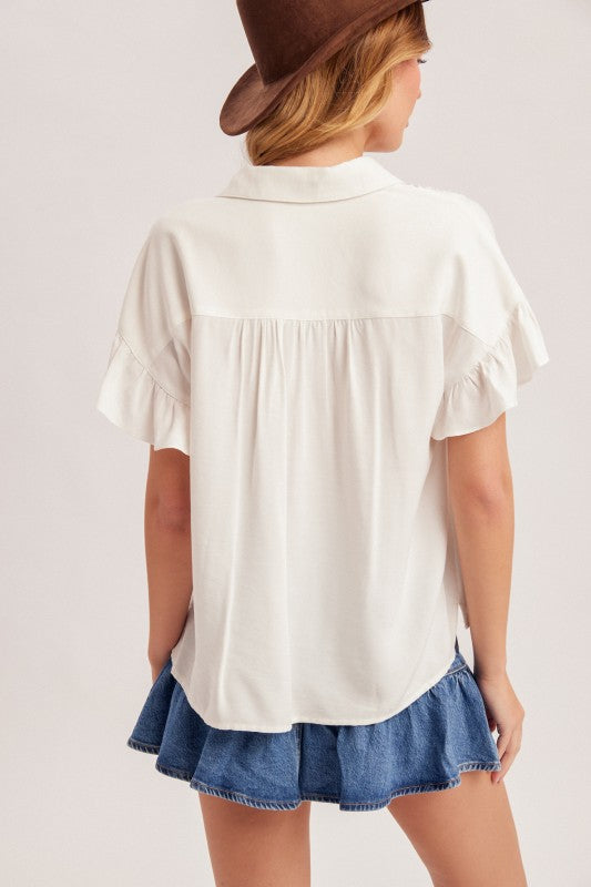 Ivory Ruffle Sleeve Button Down