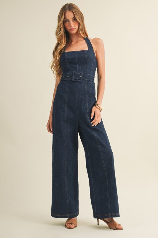 Washed Indigo Halter Jumpsuit