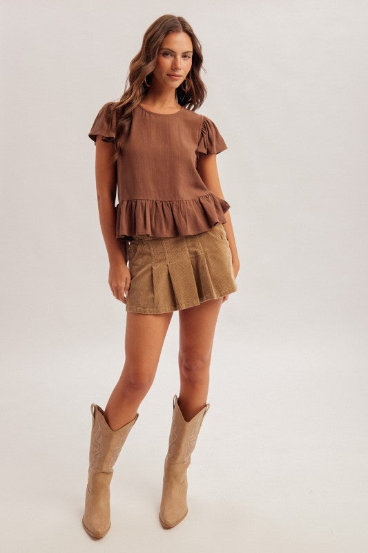 Brown Side Tie Ruffle Top