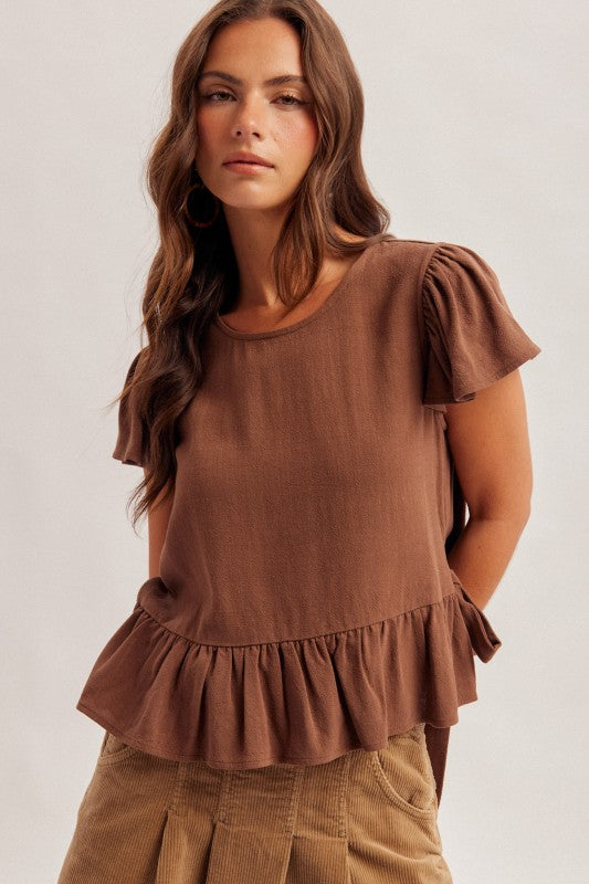 Brown Side Tie Ruffle Top
