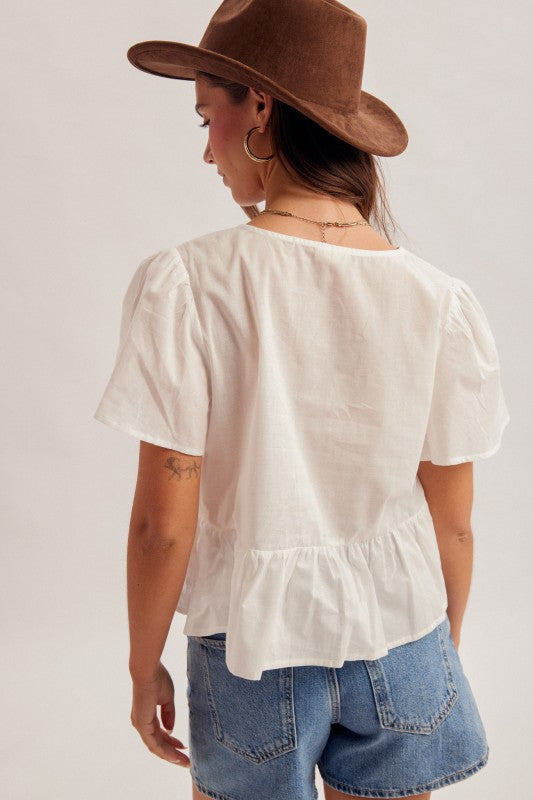 White V-Neck Flutter Top