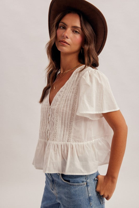 White V-Neck Flutter Top