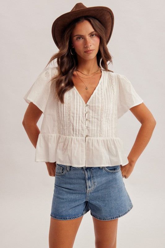 White V-Neck Flutter Top