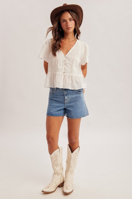 White V-Neck Flutter Top