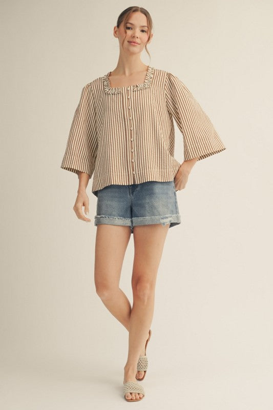 Brown Button Down Stripe Top