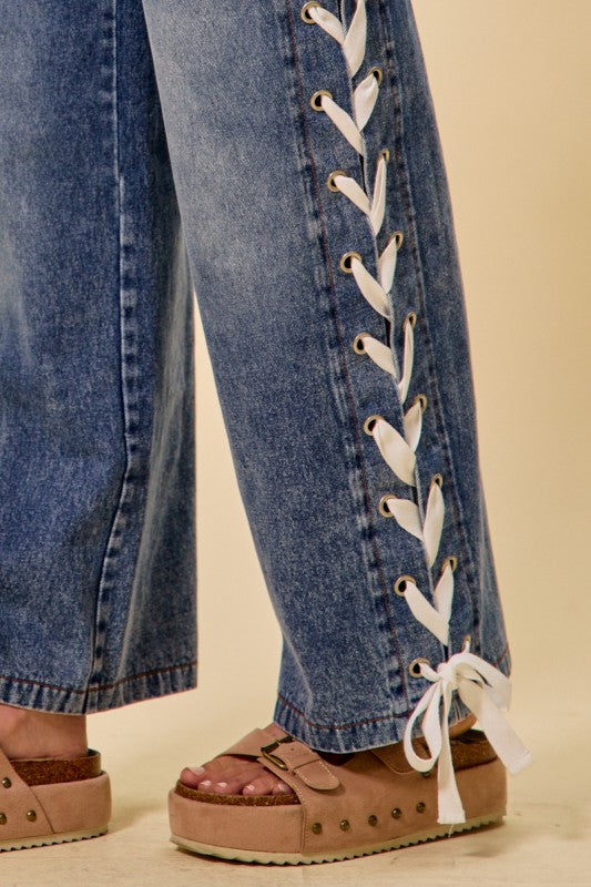 Mid Rise Lace Up Denim