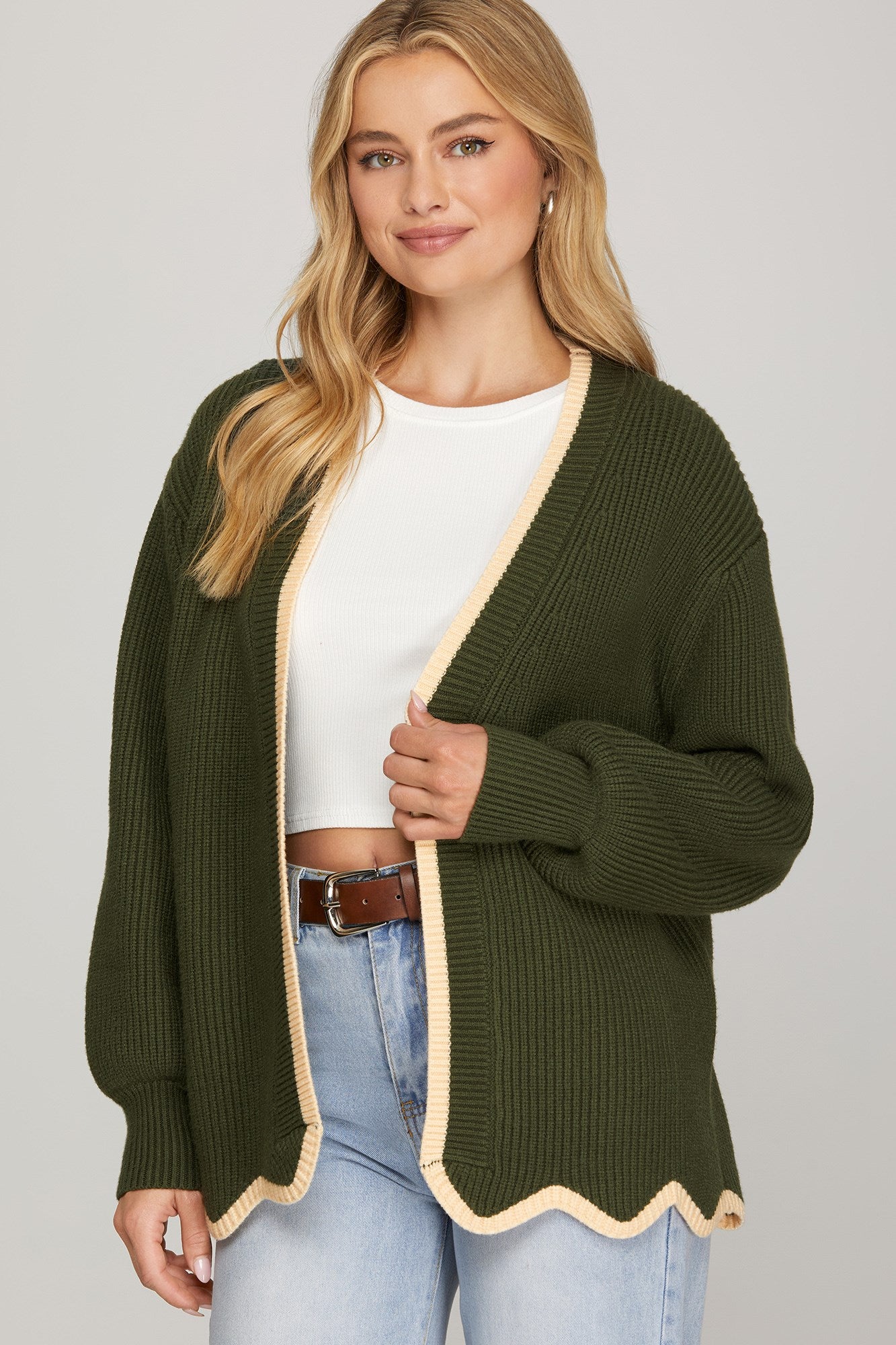 Olive Front Scalloped Cardi