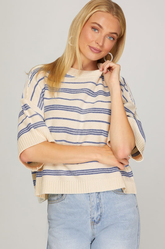 Blue Striped Short Sleeve Sweater
