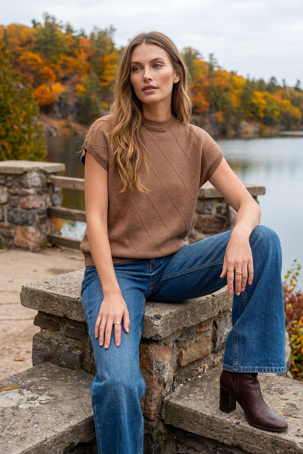 Mocha Short Sleeve Grid Sweater