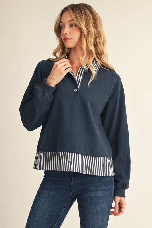 Navy Mix Striped Collared Top