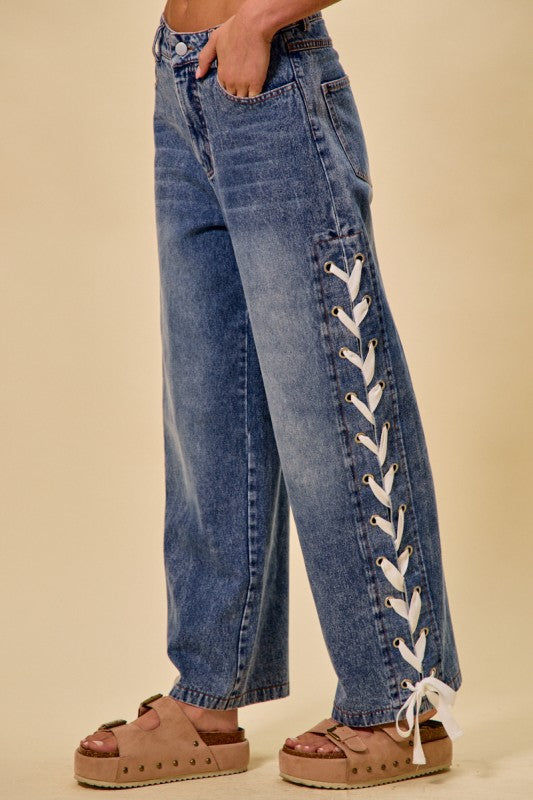 Mid Rise Lace Up Denim