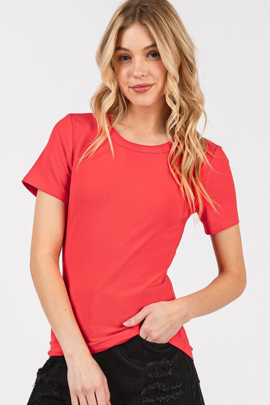 Red Ribbed Basic Tee