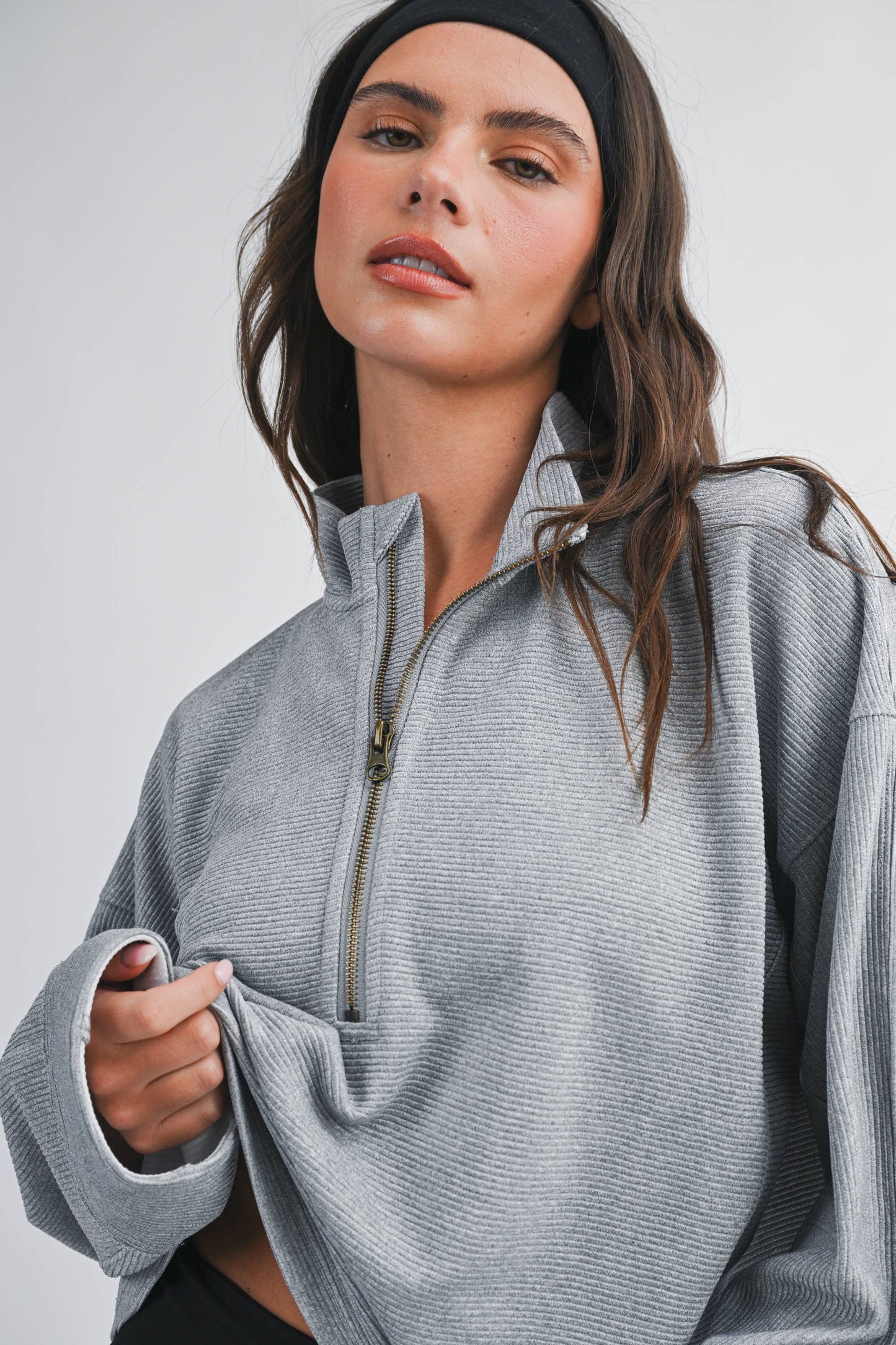 Grey Ribbed Quarter Zip