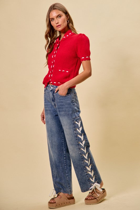 Mid Rise Lace Up Denim