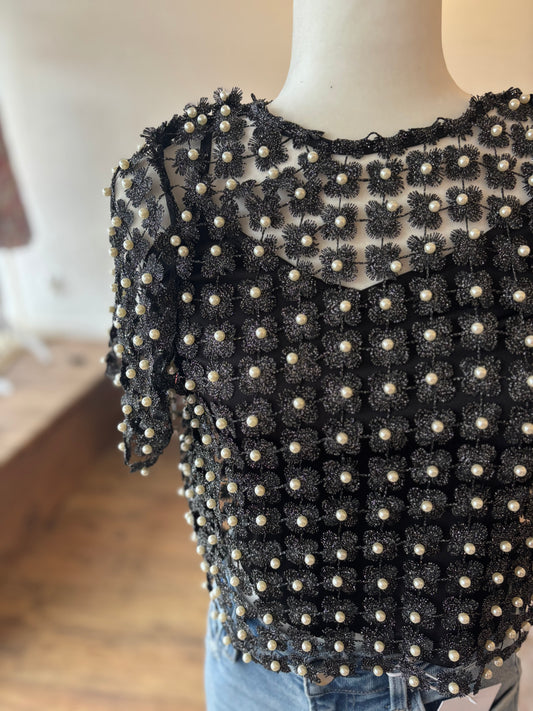 Black Crochet Lace Floral Top