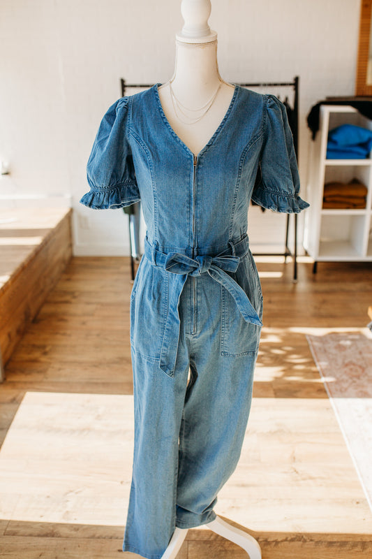 Washed Denim Short Sleeve Jumpsuit