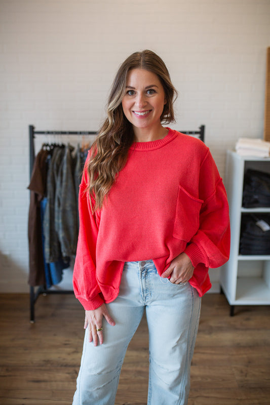 Red Coral Pocket Sweater