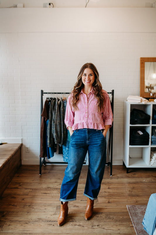Raspberry Striped Ruffle Shirt