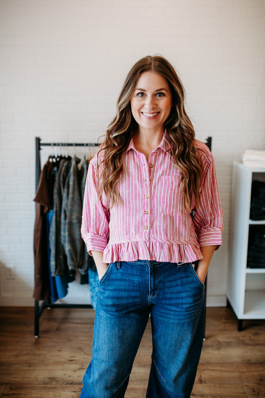 Raspberry Striped Ruffle Shirt