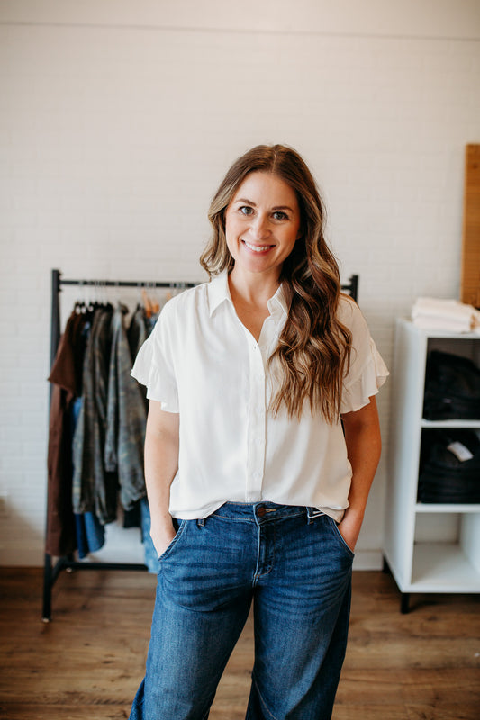 Ivory Ruffle Sleeve Button Down