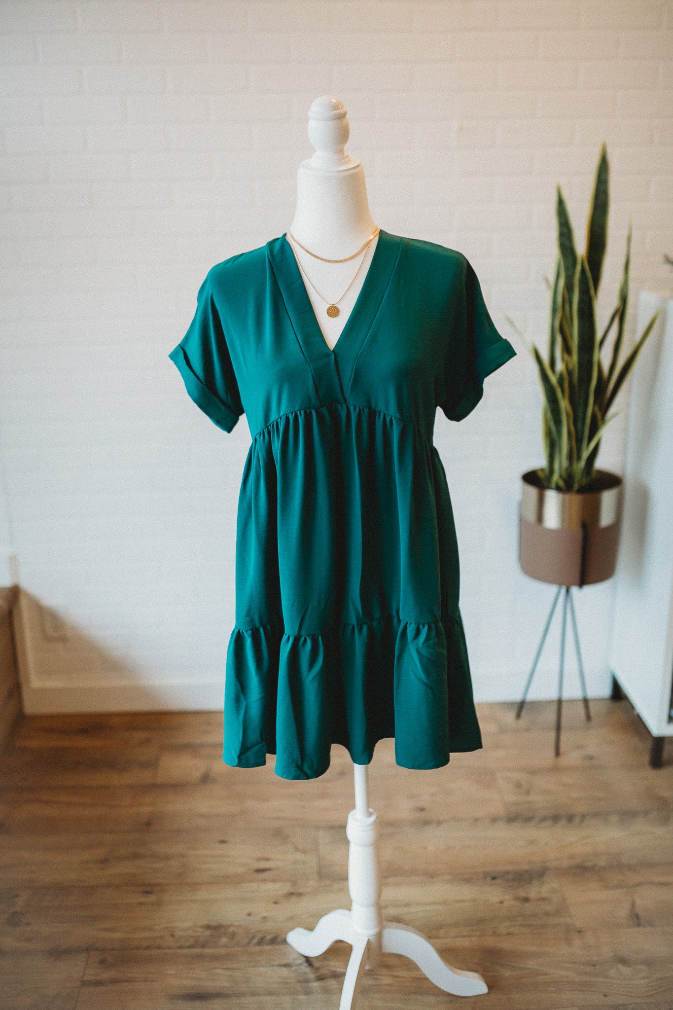 Drop Shoulder Green Tiered Dress