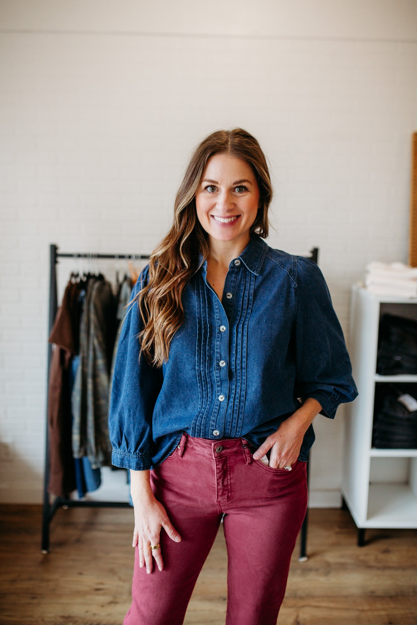 Denim 3/4 Dk Denim Buttonup
