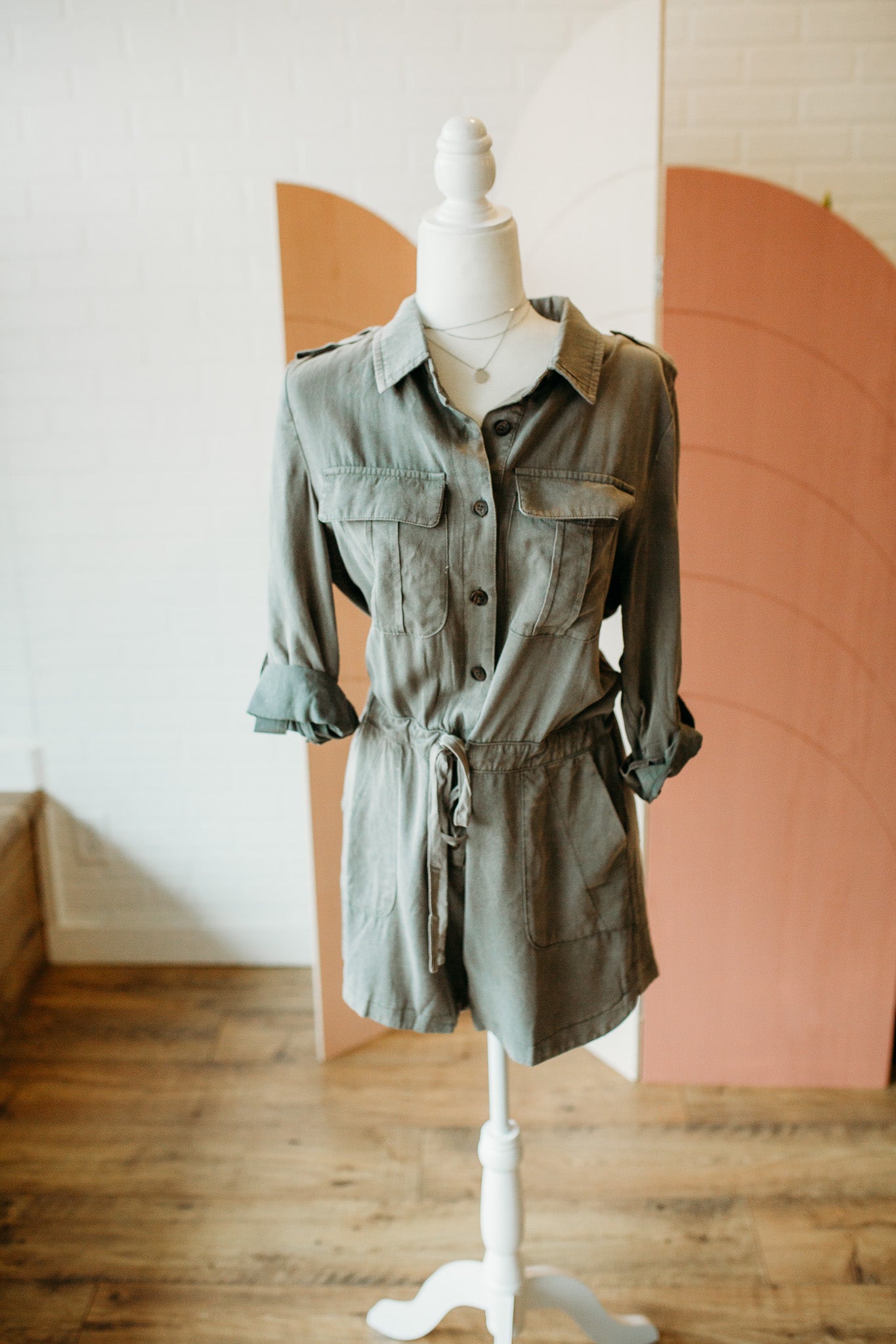 Olive Rolled Sleeve Romper