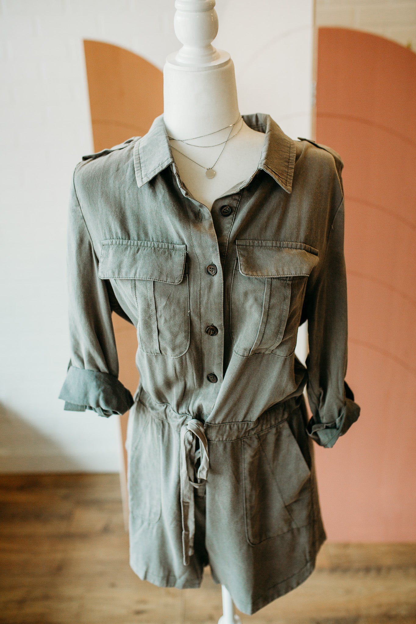 Olive Rolled Sleeve Romper
