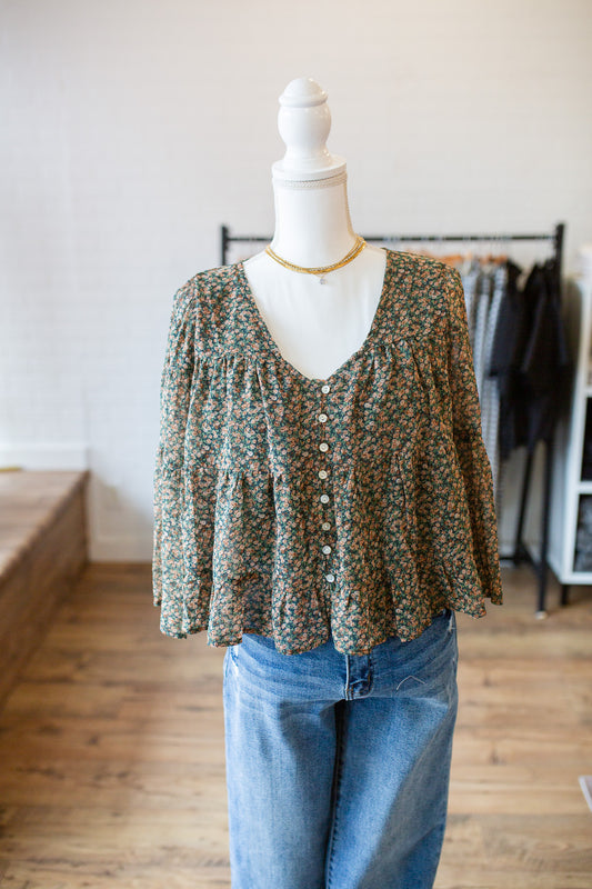 Teal/Clay Floral Tiered Blouse