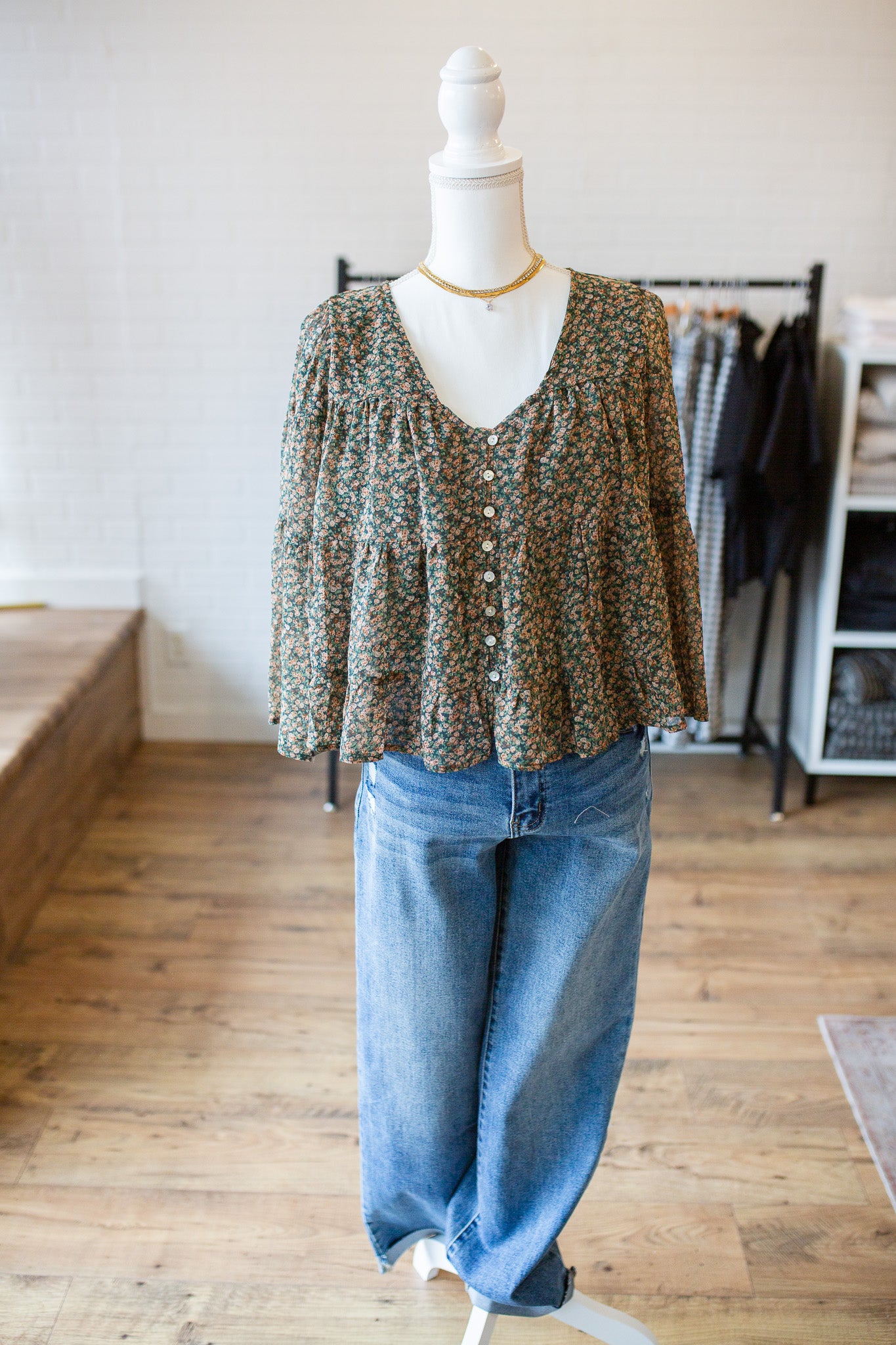 Teal/Clay Floral Tiered Blouse